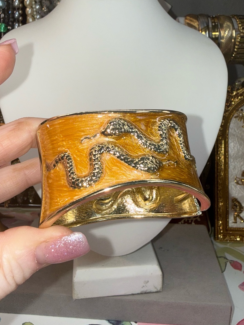 Gold-Tone Orange Snake Cuff Bracelet